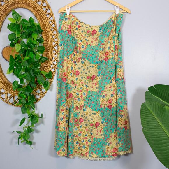 Vtg Patchwork Floral Skirt Yellow Botanical Print Midi Fits like 3X True Spring - Picture 2 of 8